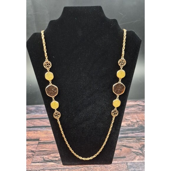 Vtg Sarah Coventry Rope Chain Necklace Gold Tone Yellow Amber Glass‎ Cabochons - Picture 1 of 8